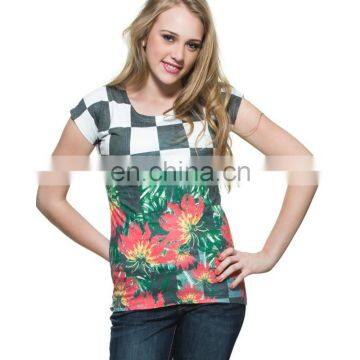 2015 Factory direct price wholesale Ploycotton Chess Board With Retro Flower Print T-shirt