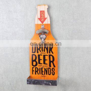 Stock Mix style Vintage Zinc Alloy Wall Wooden Mounted Beer Bottle Opener with Cap Holder