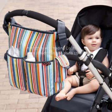 Stripe diaper bag with two outside pockets and long shoulder