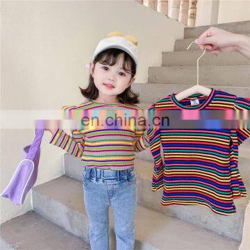 Autumn Baby Girls Colorful Tops Striped Kids Rainbow Tops Casual Solid Puff Sleeve Fashion Wholesale Children Clothing photo-2