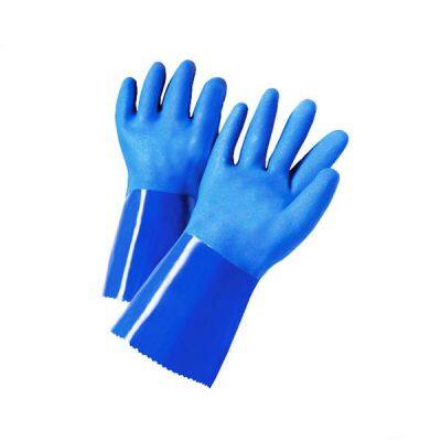 Industrial Long Cuff Chemical Resistant Waterproof Cotton Interlock Liner Sandy PVC Coated Gloves