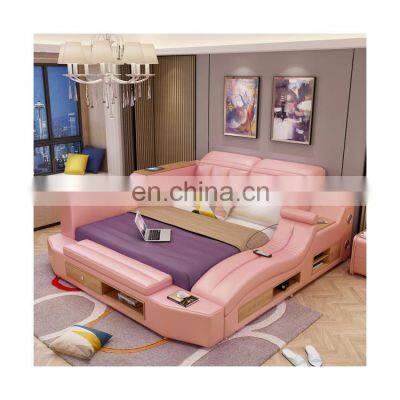 Multi functional genuine leather bed 1.8 m double bed massage wood beds