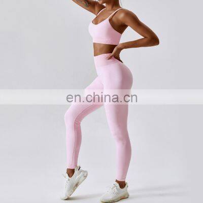 2 Pcs Seamless Cross Backless Sports Bras Sets Custom Logo High Waist Yoga Leggings photo-3