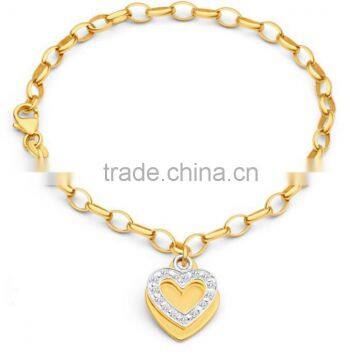 Gold Plated Stainless Steel Cubic Zirconia Heart 19cm Bracelet, CZ Stone Heart Bracelet