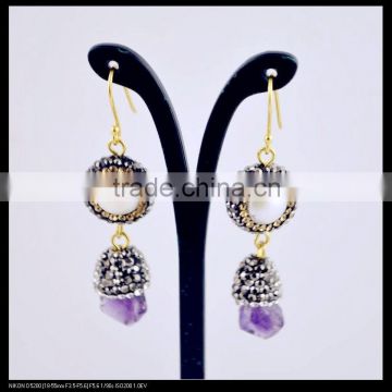 LFD-053E Wholesale Gold Plated Pearl With Amethyst Pave Rhinestone Crystal Earrings Jewelry Finding