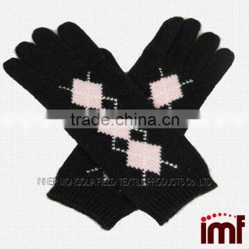 2014 Black Pink Square Print Intarsia Winter Knitted Silk Cashmere Gloves