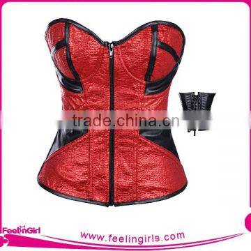 New Hot Sale Zipper Front Red Sexy Leather Corset Tops