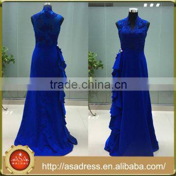 ASAM-08 Elegant Lace Appliques V-neck Sleeveless Zipper Back Blue Mother of the Bride Dresses 2016