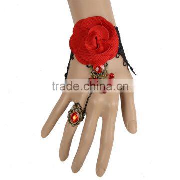 Big Red Rose Flower Tassel Women Black Lace Bracelet with Alloy Ring