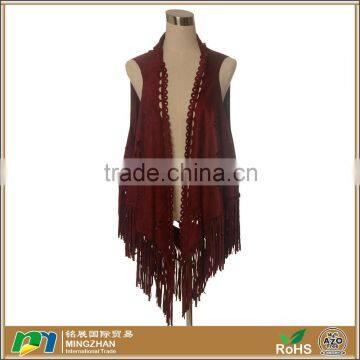 Women Winter Red Suedette Leather Fringe Scarf Shawl Wrap