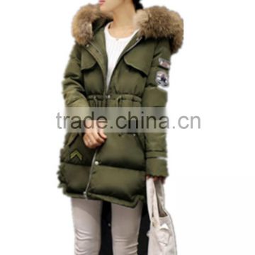 latest design female hoody long down jacket with fake fur