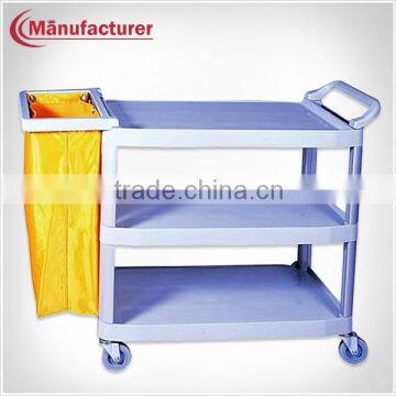 Small Size Plastic 3-tier Cleaning Room Food Service Collection Janitor Trolley with Cloth Bag