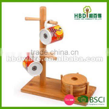 Classical Bamboo Wood mug tree with coaster set