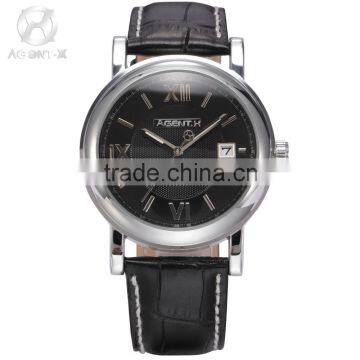 AGENTX Silver Steel Case Black Auto Date Display Quartz Analog Leather Strap Men Fashion Wrist Watch