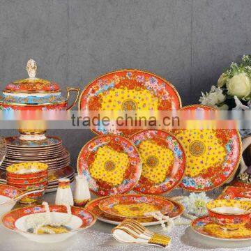 Chinese style traditionl red color flowers pattern 43pcs bone china dinnerware set