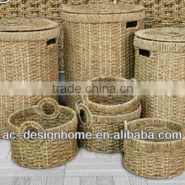 S/7 ROUND SEAGRASS HAMPER & STORAGE