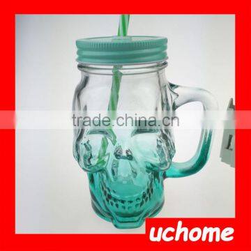 UCHOME Skull Shape Colorful Glass Mason Jar With Handle