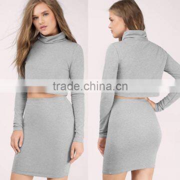 Spring Dress Women Sexy High Quality Bulk Cheap Blank Grey Turtleneck Bodycon Crop Top And Skirt Two Piece Midi Dresses