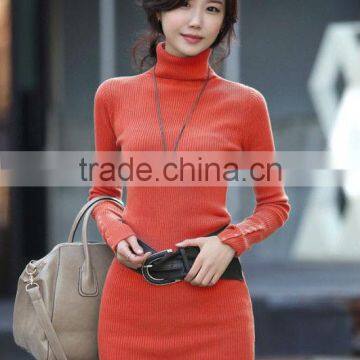 OEM ladies fashion long sleeve high-neck slim knitting woman pullover sweater with belt