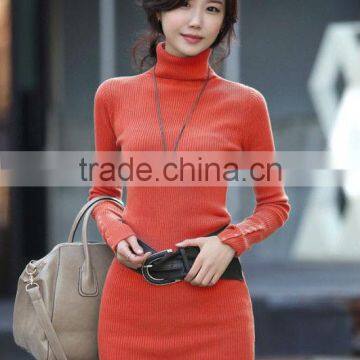 OEM Ladies Fashion Long Sleeve High-neck Slim Knitting Woman Pullover Sweater With Belt