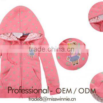 fashion lovely children bear pink warm autumn/winter hoodies with front zipper for 2-12 years old girls