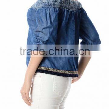 Latest Design off Shoulder Smocking Chambray Woman Tops photo-4