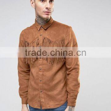 Guangzhou High Quality Custom Long Sleeve Point Collar Mens 100% Polyester Faux-Suede Fringing Casual Shirts