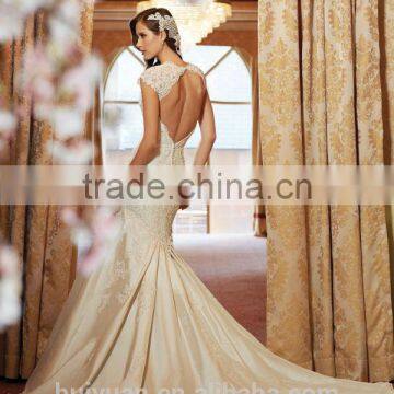 Champagne Color Satin Lace Cap Sleeve Mermaid Deep Backless Wedding Dress photo-2
