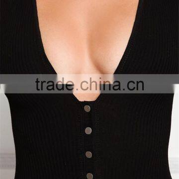 MGOO Foshan Manufacturer Custom Plunge Ribbed Bodysuits Black Cotton Spandex Blouse High Cut Buttons Up Tops photo-4