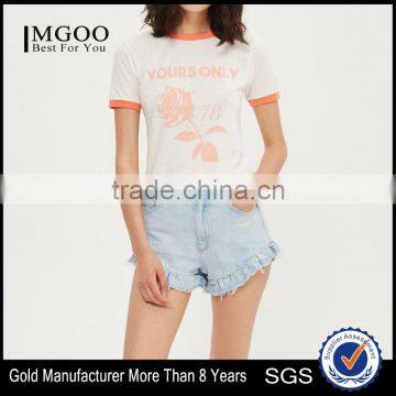 MGOO Custom Slim Fit Women's T Shirt With Contrast Binding Screen Print Rose Pattern T-shirt Wholesale China