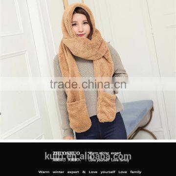 2016 Hot Fashion New Women Winter Warm Soft Plush Faux Fur Hooded Cap Hat Scarves Hood Pocket Gloves Scarf 4 Color photo-4