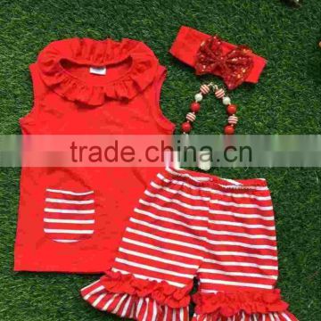 baby girls boutique clothing girls summer outfits red stripe ruffle shorts top with pocket with accessories