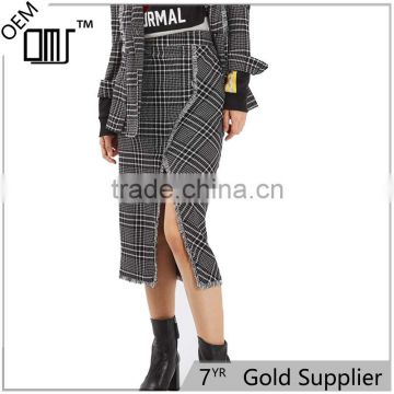 2017 OEM Spring Retro Frayed Hem Splited Checkered Skirt