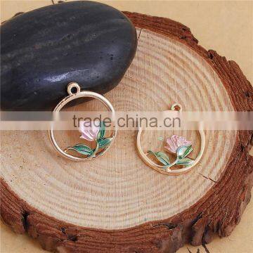 Zinc Based Alloy Enamel Flower Garden Style Charms Round Gold Plated Green Hollow photo-3
