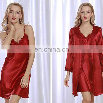 Comfortable Women Satin Lingerie Sexy Lace Night Silk Robe Sets photo-4