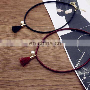 Fashion chocker necklaces black Leather thin choker necklace with tassel and pearl