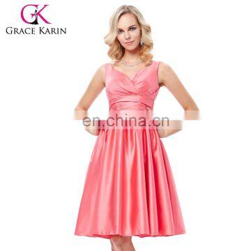 Grace Karin Sexy Sleeveless V-Neck Satin Watermelon Color Prom Party Dress Short Homecoming Dress Under 100 GK000126-1