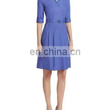 2015 New Arrival Women Designer Stylish Midi Plain Blue Half Sleeve OL Office Dress With Belt
