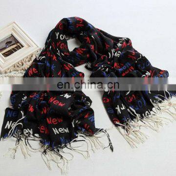 New york print balck jacquard weave tassel scarf