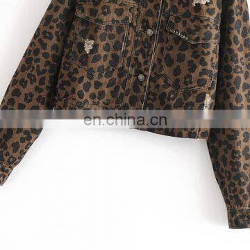 2020 New Design Women's Denim Jean Cropped Leopard Print Bomber Jacket photo-4