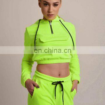 Custom logo women two 2 pieces lime green black outfit crop top hoodie and joggers truck suit sets