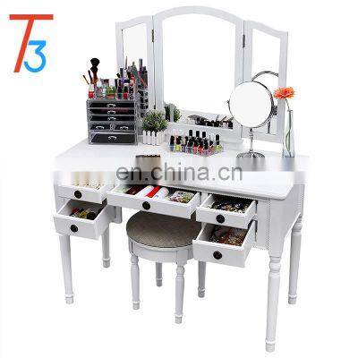 Vanity Set Tri-folding Mirror Make-up Dressing Table Stool 5 Drawers