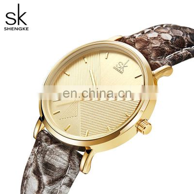 SHENGKE Fair Lady Wristwatches Brown Snakeskin Watch Water Proof Handwatch Shine Gold Dial Watch