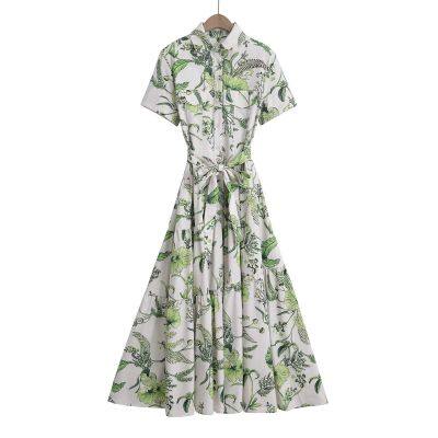 European and American style 2025 summer new women's slim fit bow tie tie printed shirt style dress