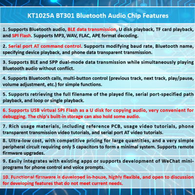 KT1025A BT301 Bluetooth Audio Chip IC Stereo MP3 Voice Download Module SPI Flash BLE 5.0 Data Transmission Solution AUX FM TF Card U Disk Playback photo-2