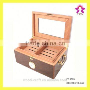 Noble Exquisite Wooden Luxury Fabric Cigar Humidor Gift Boxes With Glass Lid Cabinet Hygroscope Storage Glasstop Tobacco Box photo-4