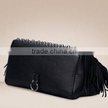 Western Three-used Tassels Backpack Soft Leather Tote Bag Black Ladies Shoulder Bags photo-2