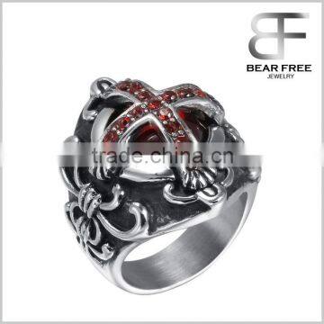 Mens Ancient Mayan Vampire Stainless Steel Finger Rings Retro Vampire Cross Synthetic Ruby