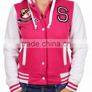 women's pink and white varsity jacket with hood