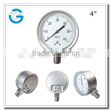 High quality 4 inch 100 mm bottom connection type low pressure gauge with all ss material